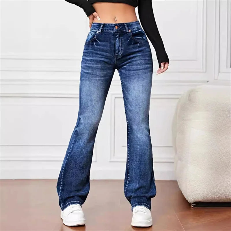 Women New Casual Micro Flares Jeans Vintage Mid Waist Button Splice Denim Pants Female Office Commuter Trousers Trend Streetwear