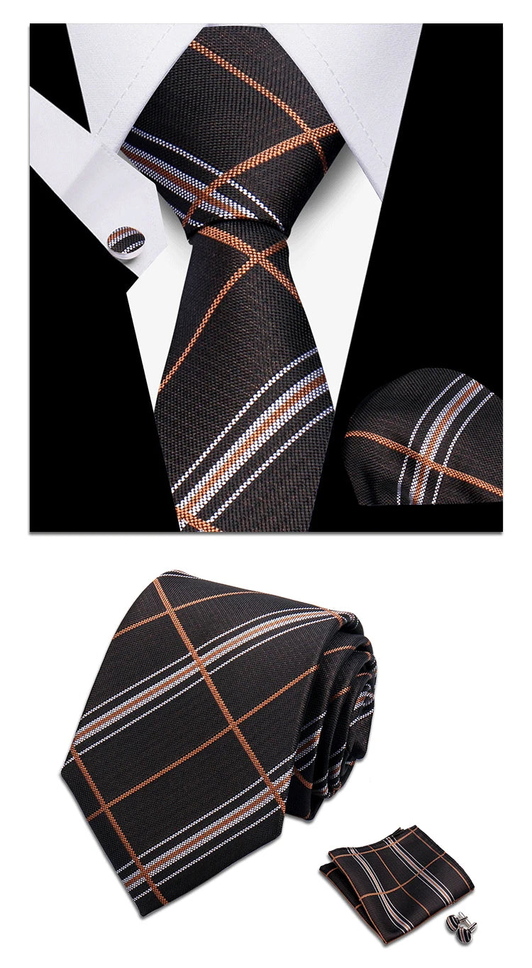 Classic Elegant Ties For Men Fashion Gifts Striped Solid Necktie Handchief Cufflink 3 Pcs Set Wedding Business Suit Accessories