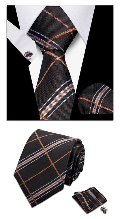 Classic Elegant Ties For Men Fashion Gifts Striped Solid Necktie Handchief Cufflink 3 Pcs Set Wedding Business Suit Accessories