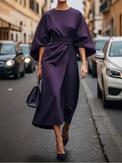 Spring Summer New Women's Fashion Style Elegant Solid Color Waist Dress Casual Bat Sleeve Long Dress Vestidos Para Mujer