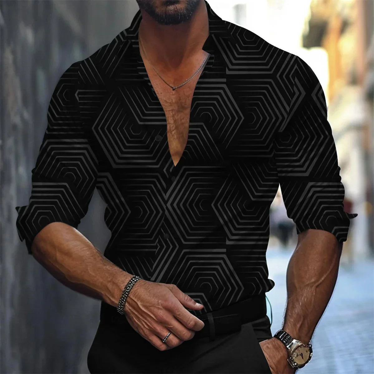 2024 Men's Solid Color Spliced 3D Printed Polo Collar Shirt Fashion Trend Casual Button Comfortable Clothing S-6XL