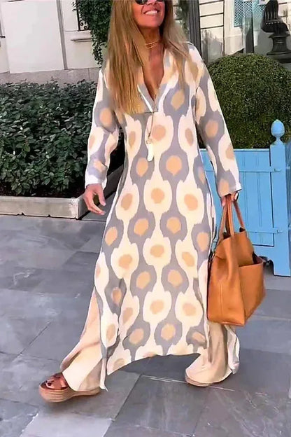 Spring Autumn Casual V Neck Long Sleeve Dress Women Fashion Geometric Printing Split Maxi Dresses Holiday Beach Boho Dress 2024