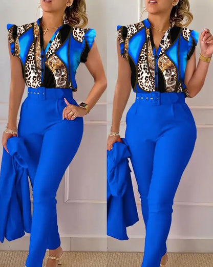 Two Piece Sets Womens Outifits 2023 Summer Fashion Geometric Print Flutter Sleeve Stand Collar Top & Pocket Pants Set with Belt
