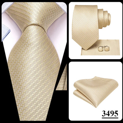 Hi-Tie Champagne Gold-color Silk Mens Elegant Ties Fashion Mens Necktie Pocket Square Cufflinks Set Business Party Wedding