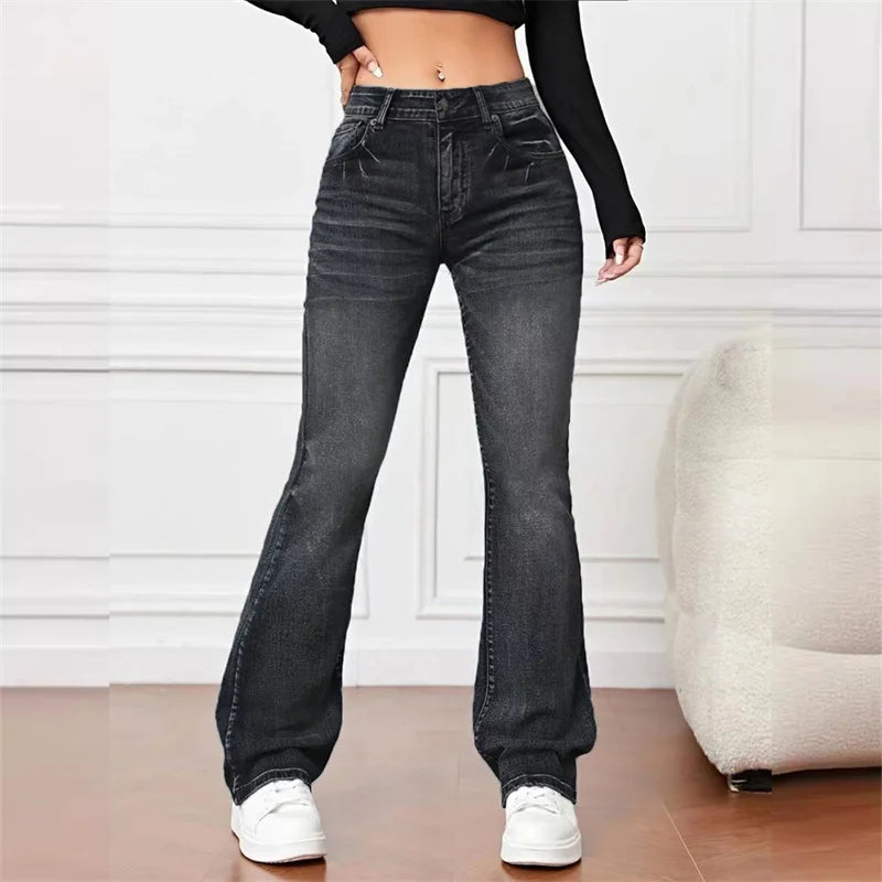 Women New Casual Micro Flares Jeans Vintage Mid Waist Button Splice Denim Pants Female Office Commuter Trousers Trend Streetwear