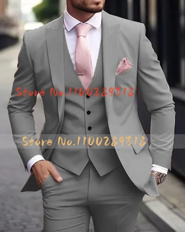 Pink Luxury Men's Suits Terno Formal Outfits 3 Piece Jacket Pants With Vest Slim Fit Luxury Costume Homme Formal Occasion Terno