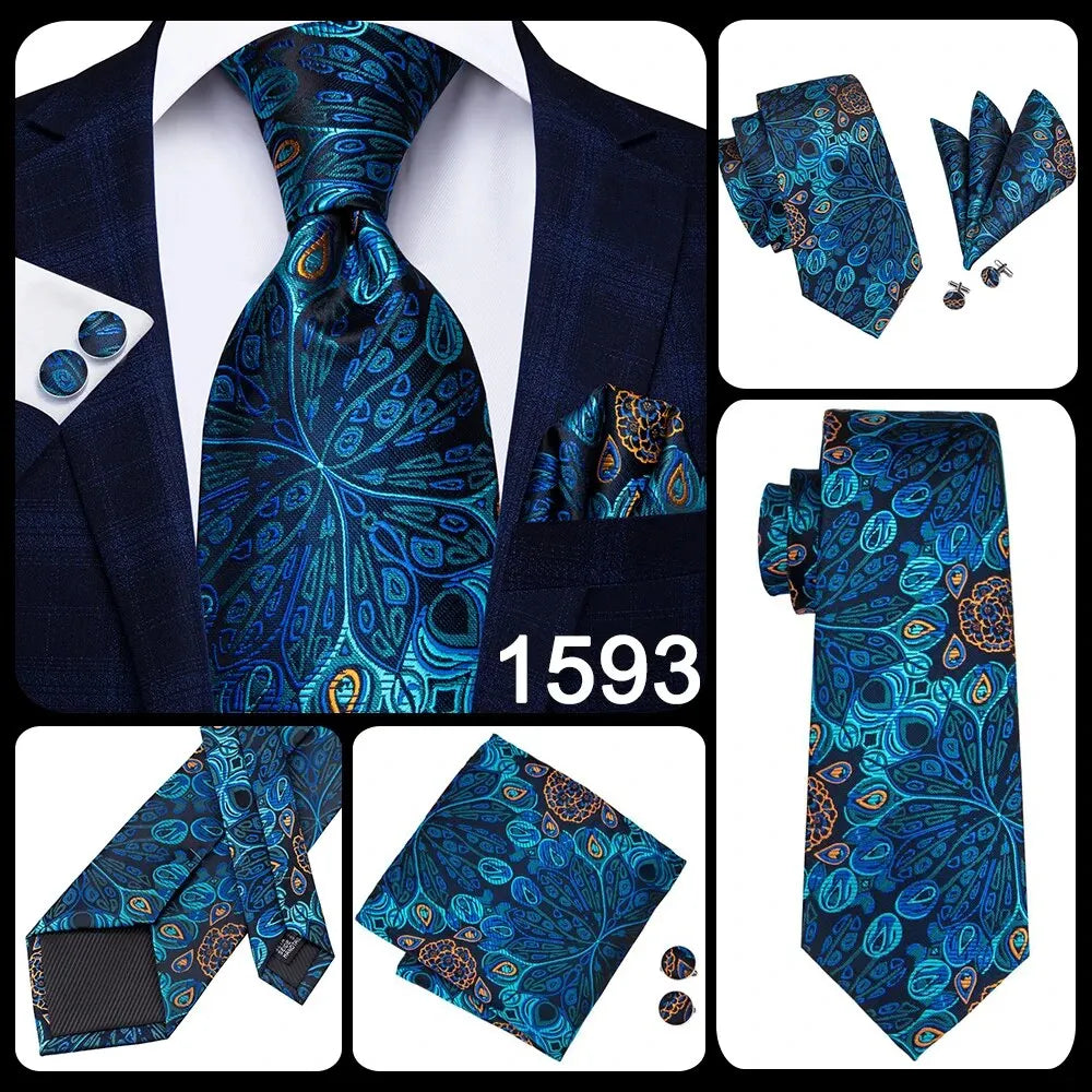 Hi-Tie Peacock Blue Novelty Designer Silk Wedding Tie For Men Hanky Cufflinks Gift Mens Fashion Necktie Set Business Party