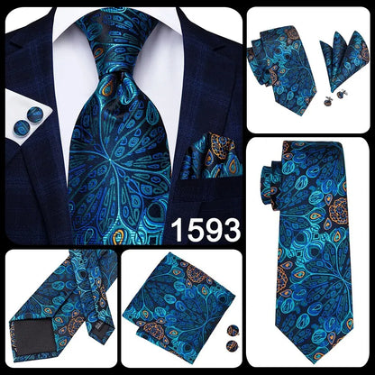 Hi-Tie Peacock Blue Novelty Designer Silk Wedding Tie For Men Hanky Cufflinks Gift Mens Fashion Necktie Set Business Party