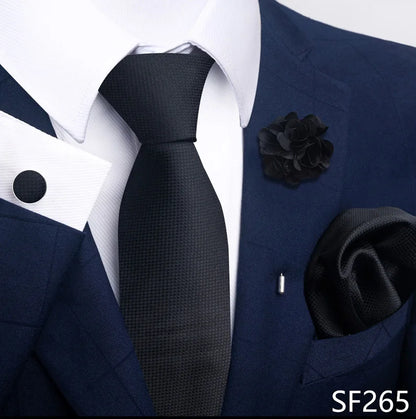 Luxury Mens Ties Floral Black Gold Ties Paisley NeckTie Pocket Square Cufflinks Brooch Set Men's Wedding Party Tie