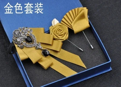 Fashion Handmade Bow Tie Wedding Collar Luxury Rhinestone Bowtie Necktie Brooch Pocket Towel Square Set Gift for Men Accessories