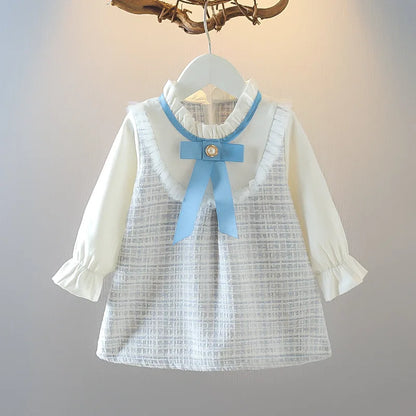 Spring And Autumn New Fake Two Piece Baby Girl Dress, Sweet Bow Grid Children'S Long Sleeve Clothes For 9 Months To 3 Years Old