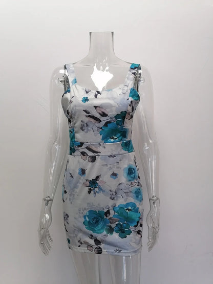 Spring Summer Printed Mini Dresses For Women Sleeveless Hollow Out Package Hip Slim Short Dress Fashion Night Club Party Vestido