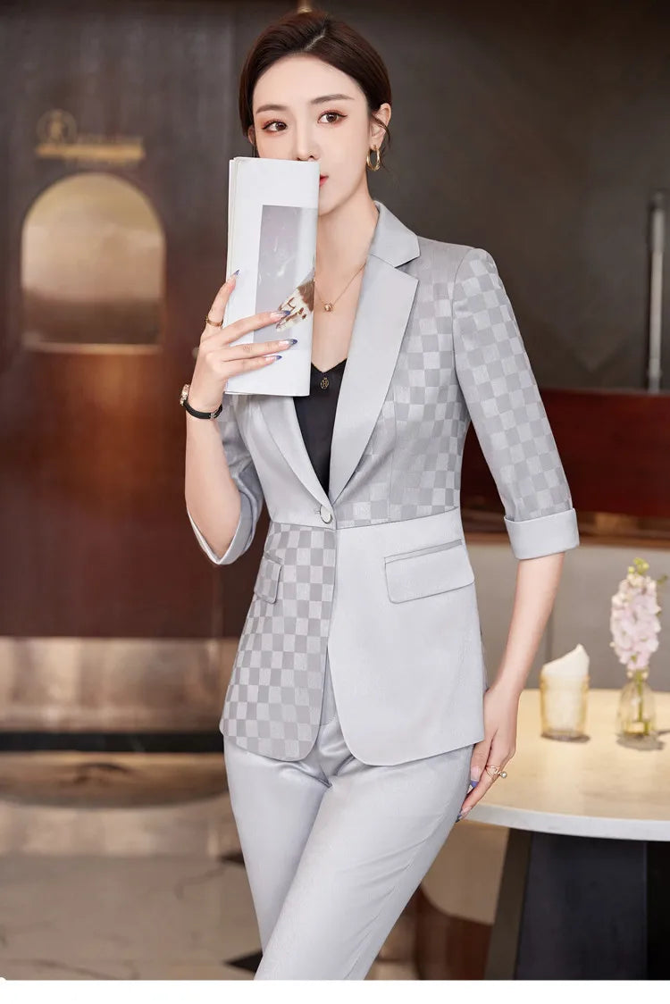 Summer Pants Sets For Women 2 Piece Set Half Sleeve Blazer &Trousers Suit Gray White Hight Quality Chic Elegant Business Outfit