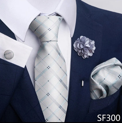 Luxury Mens Ties Floral Black Gold Ties Paisley NeckTie Pocket Square Cufflinks Brooch Set Men's Wedding Party Tie