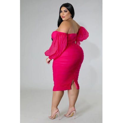 CM.YAYA Plus Size Women Mesh Patchwork Off Shoulder Ruched Bodycon Midi Dress evening Winter 2022 Sexy Party Club Prom Dresses