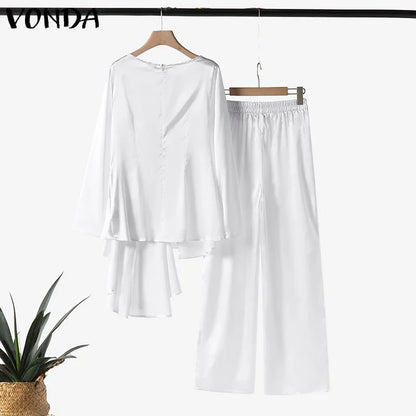 Plus Size VONDA 2024 Women Ruffled Sets Fashion Solid Color Suits Long Sleeve Irregular Top Patchwork Fitting Outfits 2pcs