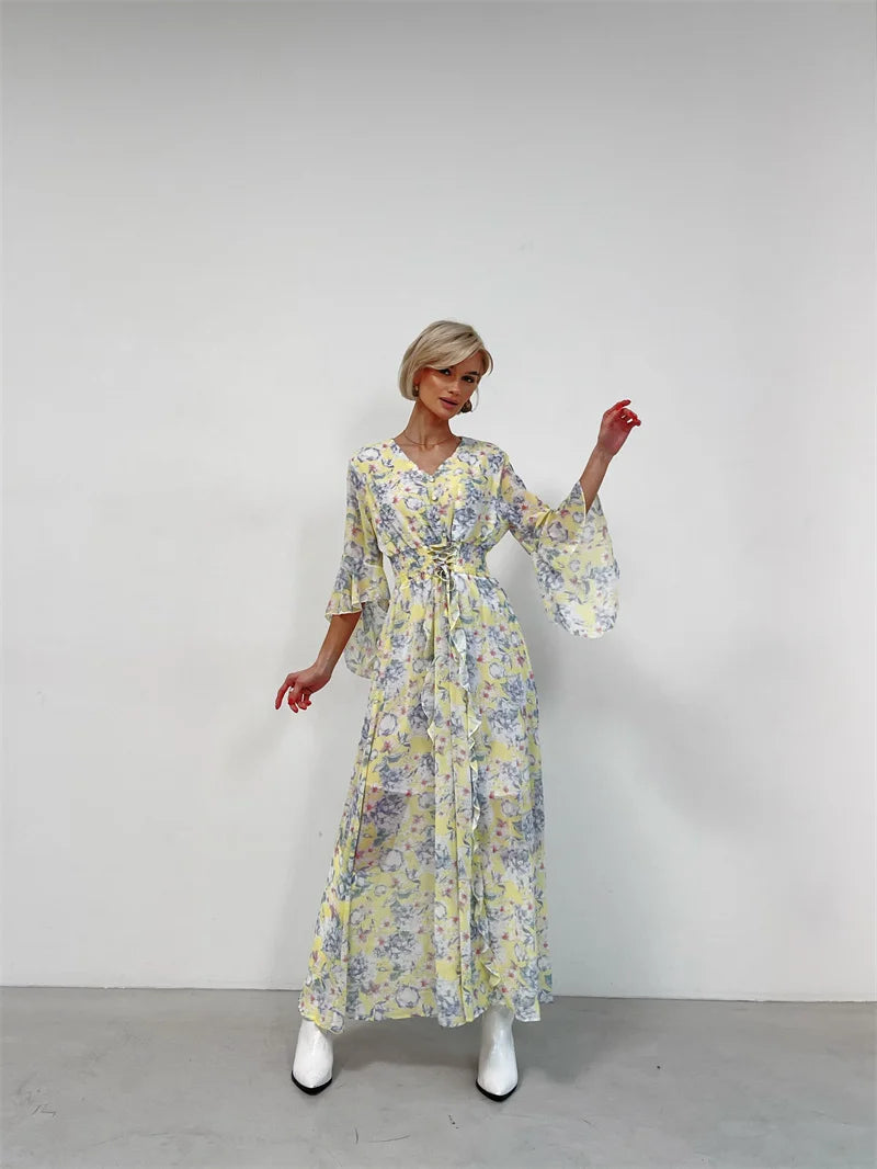 Elegant Bodycon Chiffon Maxi Dress Women Bandage Sexy Side Slit Beach Dress White Pink Floral Summer Long Dresses For Women 2024
