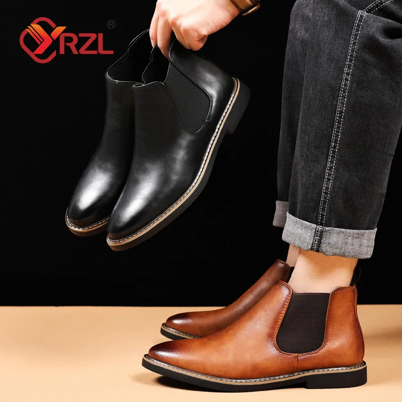 YRZL 39~47 Men Chelsea Boots Brand Retro Comfortable PU Leather Ankle Boots Men 2024 Fashion Black Brown Mens Boots