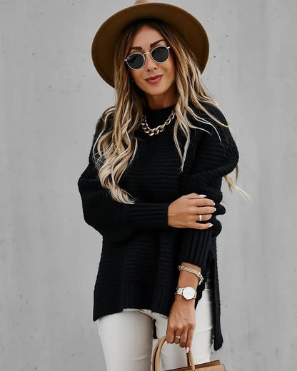 Knit Sweaters Women Half High Collar Full Sleeve Thick Splice Jumpers Solid Casual Split Pullovers Office Lady Elegant 2024