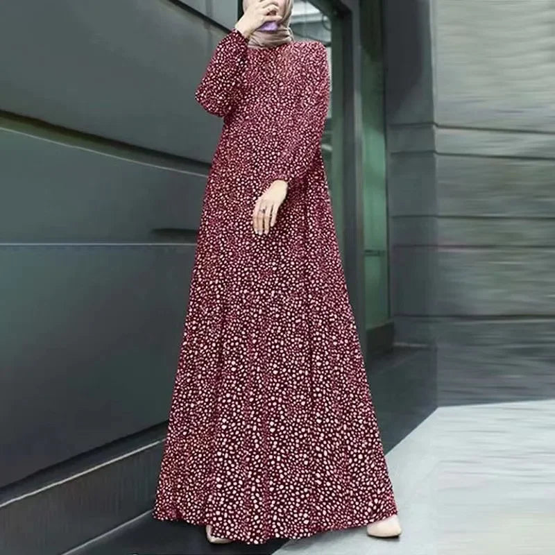 Spring Women Muslim Dress Full Sleeve O-Neck printed Turkey Sundress Bohemian Vintage Casual Holiday Islamic Clothing