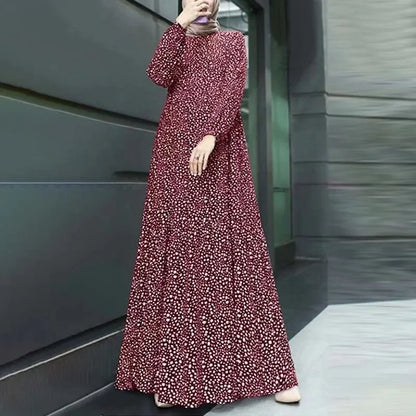 Spring Women Muslim Dress Full Sleeve O-Neck printed Turkey Sundress Bohemian Vintage Casual Holiday Islamic Clothing