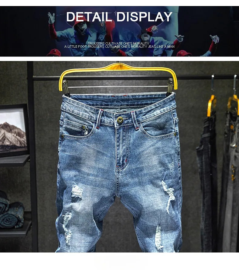 Men Stretch Slim Ripped Jeans Hip Hop Streetwear Korean Vintage Distressed Little Feet Pants Personality Male Trousers