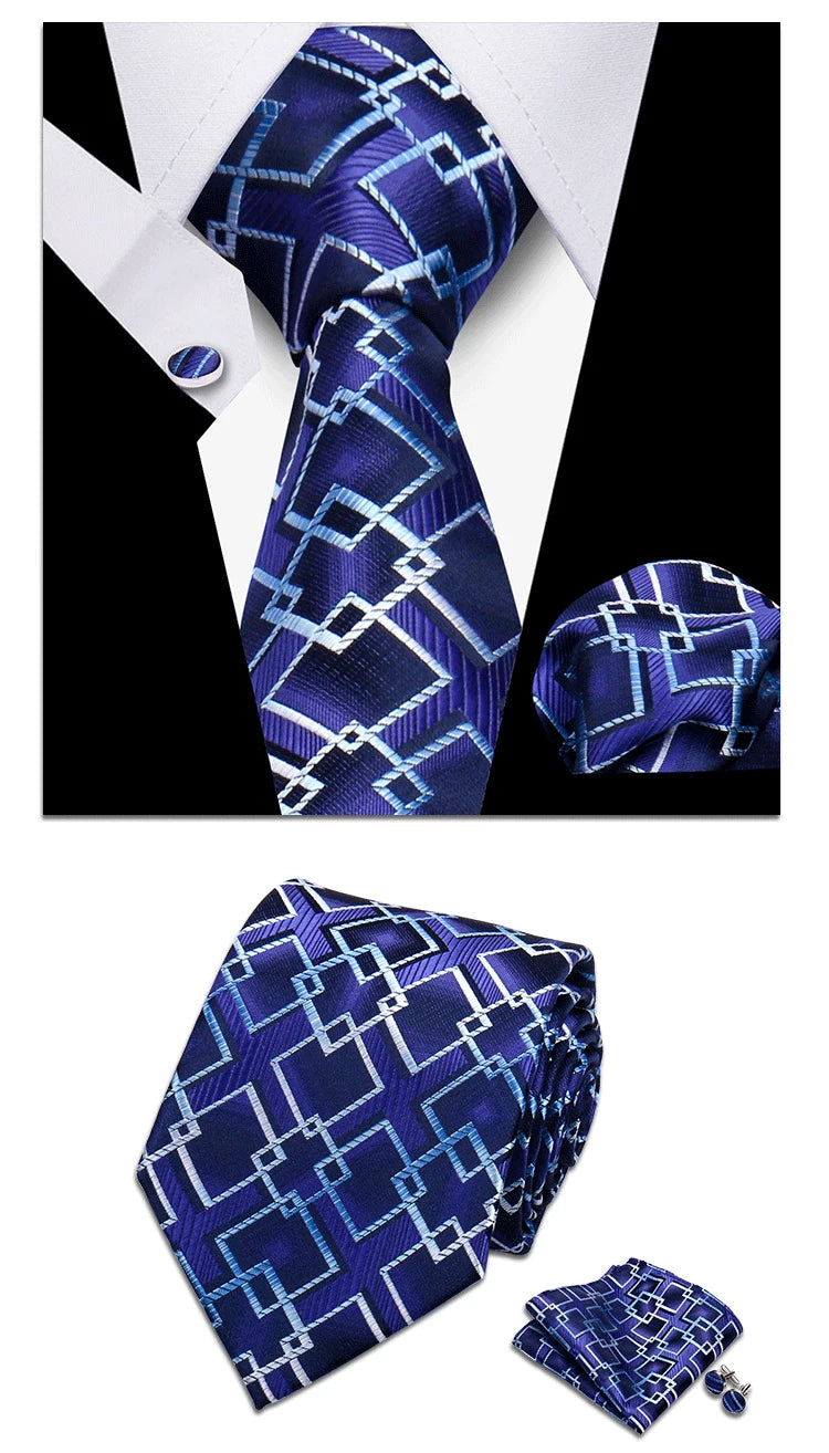 Classic Elegant Ties For Men Fashion Gifts Striped Solid Necktie Handchief Cufflink 3 Pcs Set Wedding Business Suit Accessories