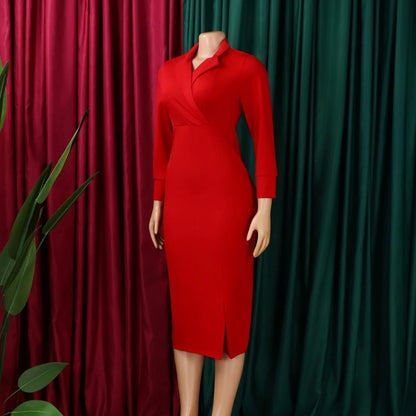 Elegant Bodycon Dresses for Women V Neck Full Sleeve Solid Sheath Package Hips Mid Calf Professional Business Work Dress Midi OL