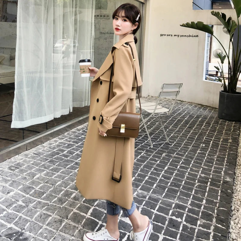 Women's Long Trench Coats V Neck Double-Breasted Windproof Jacket with Belt 2022 Fall Fashion Street Wear Size S-XL Dropshipping