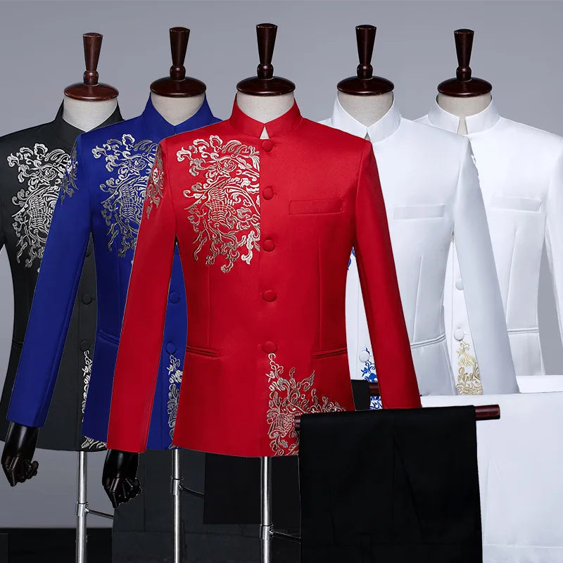 New Men Standing Collar Embroidered Suit 2 Piece Fashion Male Business Social Wedding Prom Stage Performance Dress Blazer Pant