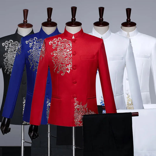 New Men Standing Collar Embroidered Suit 2 Piece Fashion Male Business Social Wedding Prom Stage Performance Dress Blazer Pant