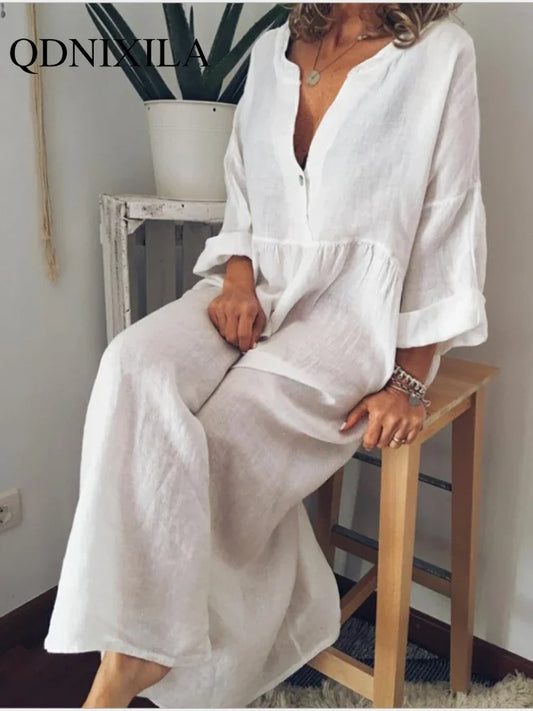 New in Spring Elegant Long Dresses for Women Long Sleeved V-neck Fashion Summer Dresses 2024 Loose Retro Female Clothing Robe
