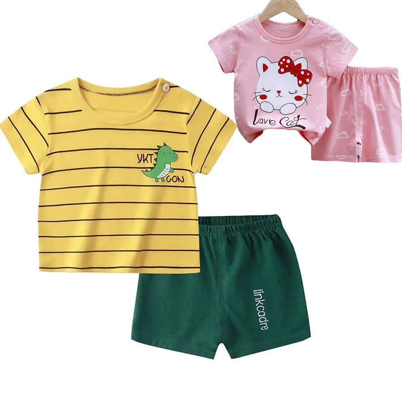 Kids Cartoon Clothing Sets Summer Fashion Short Sleeve Suits Boys Girls T-Shirts+Shorts 2Pcs Children Outfits 0-6 Years
