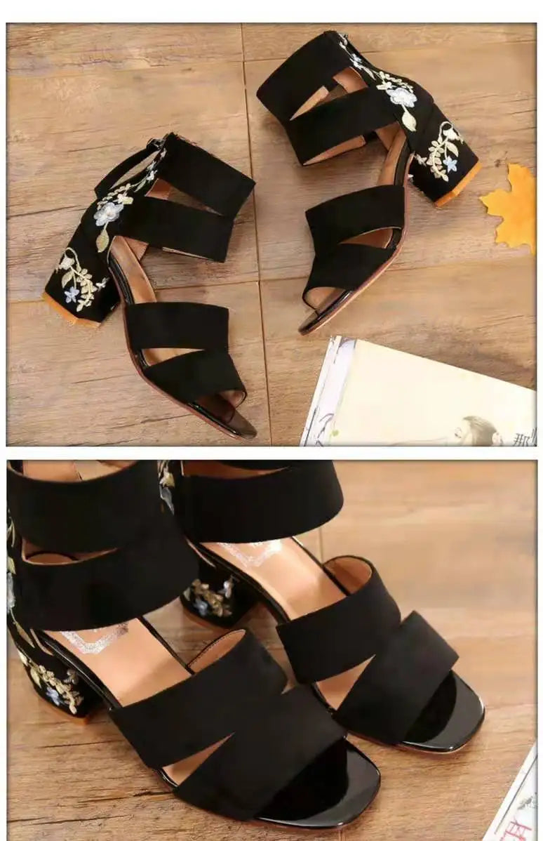 Ethnic Style Embroidered Mid-heel Sandals,  Summer Casual Thick Heels Elegant Vintage Open-toed Embroidered Shoes, Women's Shoes