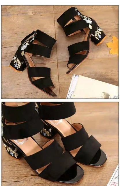 Ethnic Style Embroidered Mid-heel Sandals,  Summer Casual Thick Heels Elegant Vintage Open-toed Embroidered Shoes, Women's Shoes