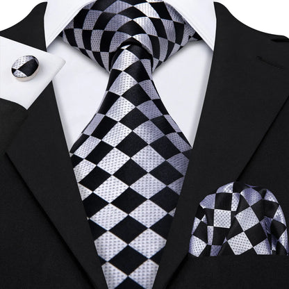 Barry.Wang Black White Gray Silver Silk Men Tie Handkerchief Cufflinks Set Jacquard Necktie for Male Wedding Business Party Gift