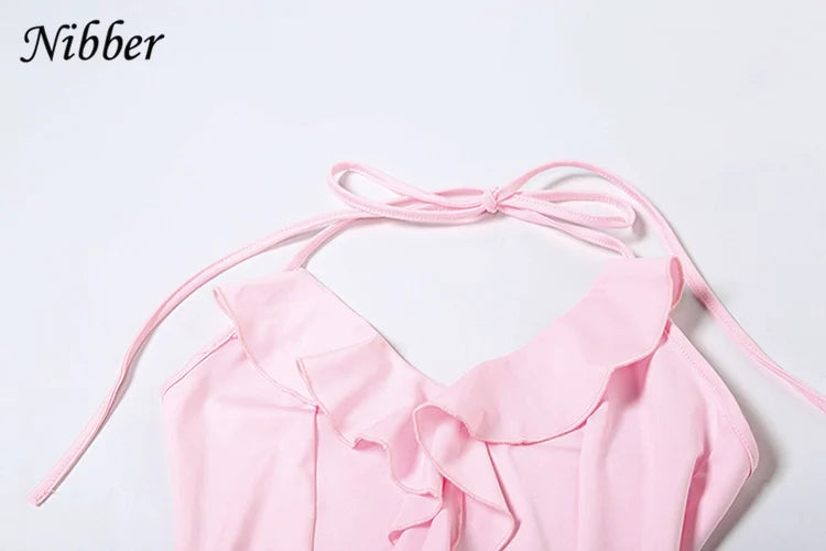 Nibber Halter Ruffles V-Neck Dress Women Backless Elegant Sexy Summer Fashion V-Neck Solid Birthday Party Clubwear Mini Bodycon