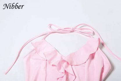 Nibber Halter Ruffles V-Neck Dress Women Backless Elegant Sexy Summer Fashion V-Neck Solid Birthday Party Clubwear Mini Bodycon