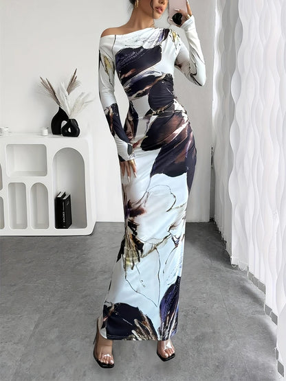 Spring and summer new women's off shoulder slim fit sexy dress, stylish and elegant printed tight fitting long skirt