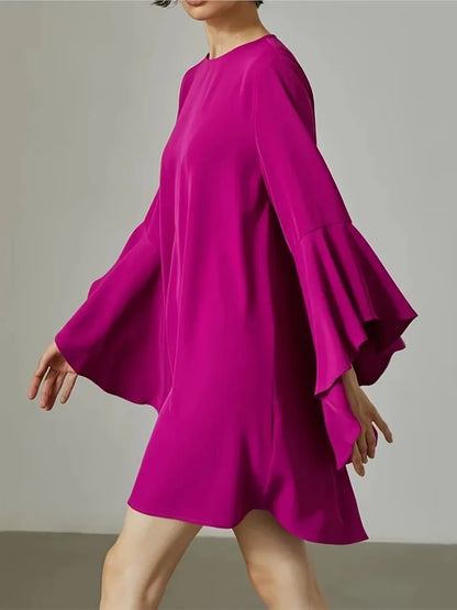 Spring Summer Women Solid Dress Fahion O Neck Ruffles Loose Casual Dresses For Woman Robe Femme 2024 New Elegant
