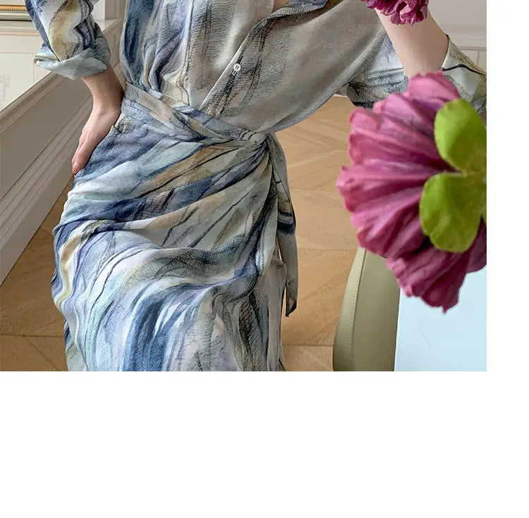 Spring Autumn New Fashion Dress Sets Women Turn-down Collar Long Sleeve Button Printing Shirt Lacing Mid-length A-line Skirt