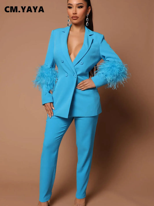 CM.YAYA Vintage Women Fur Hem Long Sleeve Blazer Suit and Pants 2023 Chic OL Fashion Two 2 Piece Set Outfits Basic Tracksuit