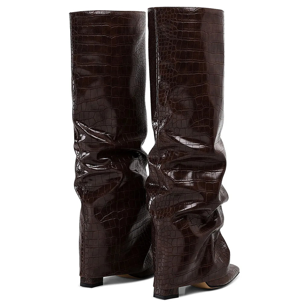 GIGIFOX Knee High Fashion Women Fold Over Boots Pleated Block High Heel Pointed Toe Shoes All-Match Street Snap Boots For Woman