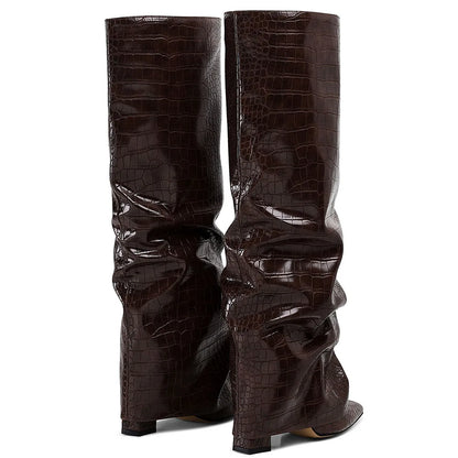GIGIFOX Knee High Fashion Women Fold Over Boots Pleated Block High Heel Pointed Toe Shoes All-Match Street Snap Boots For Woman