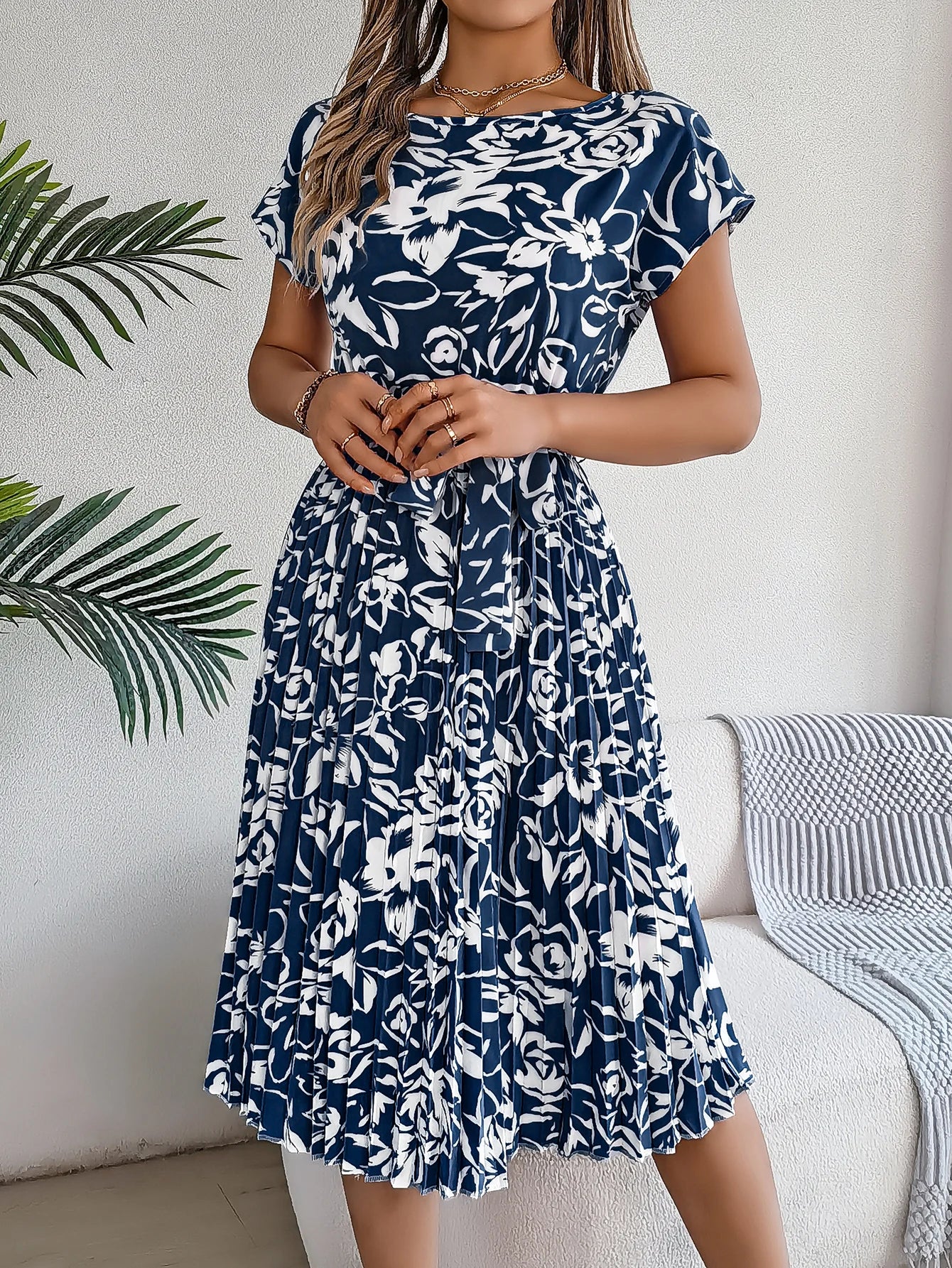 Spring Summer Elegant Flower Print Dress Short Sleeve Folded Dresses for Women Mother's Day