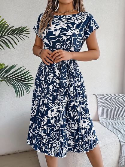 Spring Summer Elegant Flower Print Dress Short Sleeve Folded Dresses for Women Mother's Day