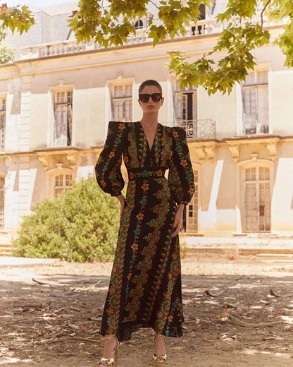 Spring Summer Womens Dress Fashion Printed Long-sleeved Top and Lose Floor-length Skirt Elegant V-neck Women Clothes Vestidos