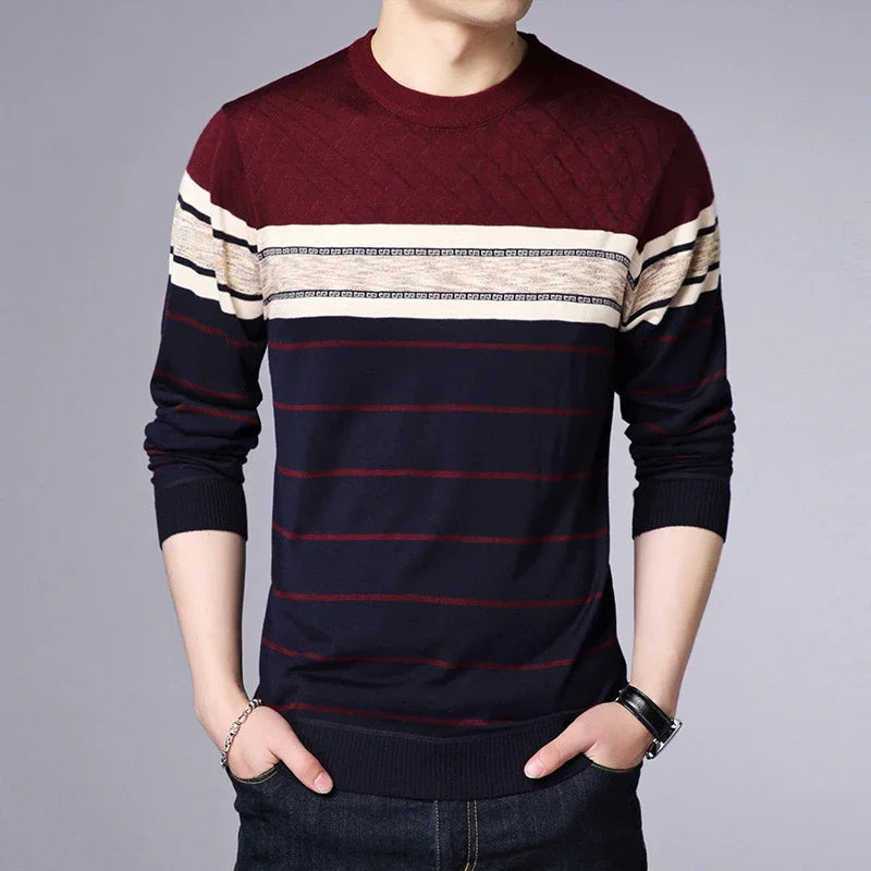 Men's New Fashionable Striped Knitted Shirt Long Sleeved Comfortable All Season Base Shirt Casual Top