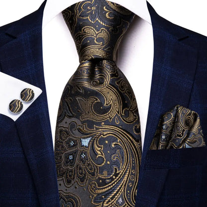 Hi-Tie Psialey Black Gold Silk Elegant Tie For Men Groom Wedding Men Necktie Pocket Square Cufflink Accessory Wholesale Designer