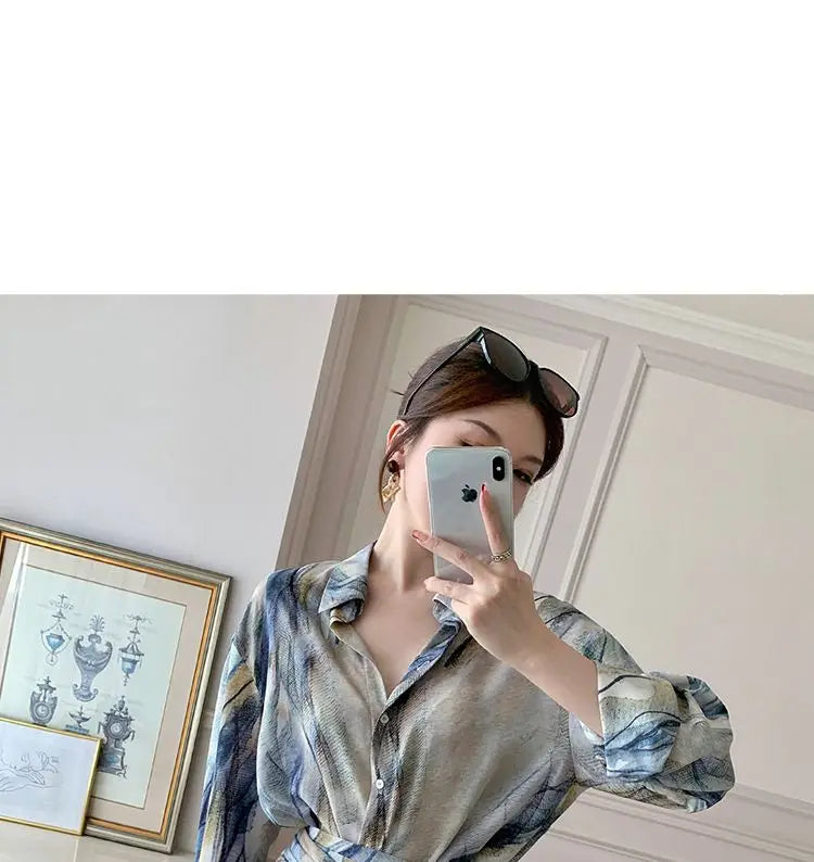 Spring Autumn New Fashion Dress Sets Women Turn-down Collar Long Sleeve Button Printing Shirt Lacing Mid-length A-line Skirt